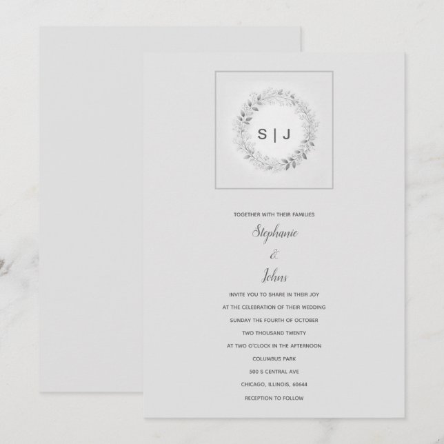 Invitación Monograma Escudo floral Boda gris blanco negro (Anverso / Reverso)