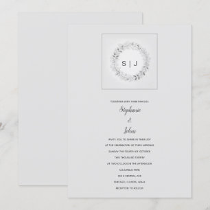 Invitación Monograma Escudo floral Boda gris blanco negro