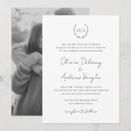 Invitación Monograma Escudo Wreath Foto Elegante Boda