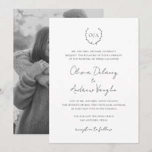 Invitación Monograma Escudo Wreath Foto Elegante Boda