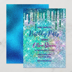 Invitación Monograma falso purpurina de unicornio azul lindo