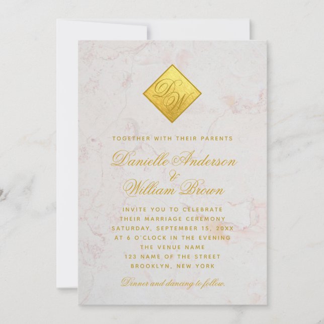 Invitación Monograma Faux Relieve metalizado dorado Marble Sc (Anverso)