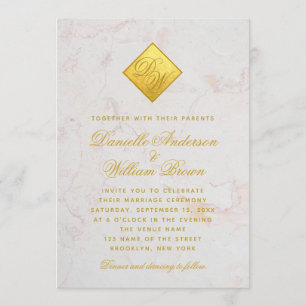 Invitación Monograma Faux Relieve metalizado dorado Marble Sc