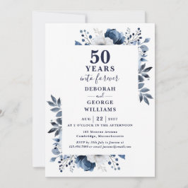 Invitación Monograma floral azul de la marina, Boda, 50° aniv