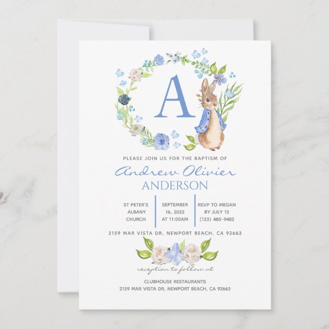 Invitación Monograma Floral Azul Peter Rabbit Baptism Boy   (Anverso)