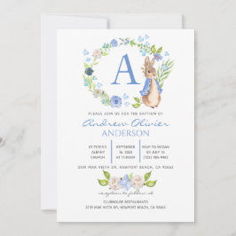 Invitación Monograma Floral Azul Peter Rabbit Baptism Boy  