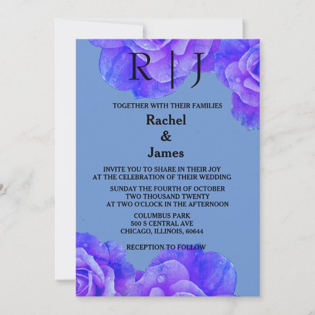 Invitación Monograma floral azul Rosa elegante Boda de flores (Anverso)