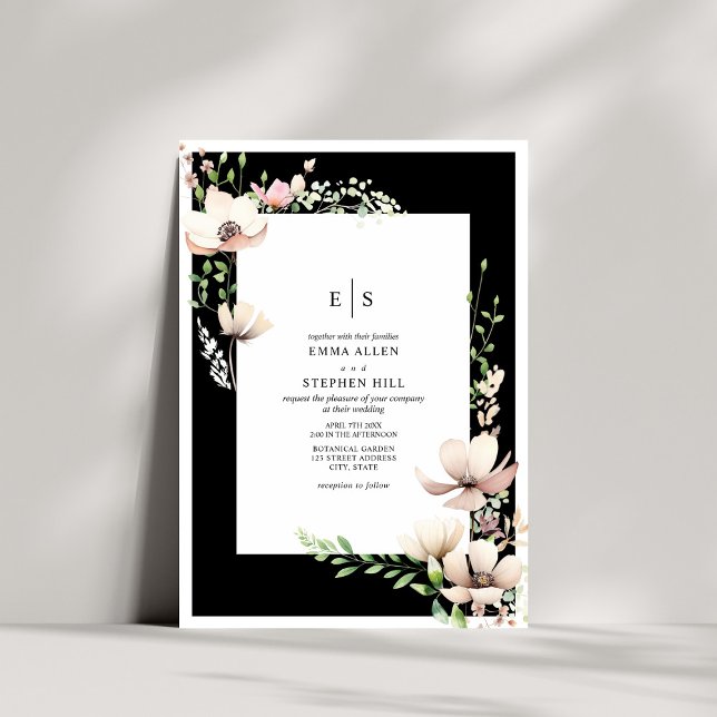 Invitación Monograma Floral Boda Botánico Blanco y Negro (Subido por el creador)