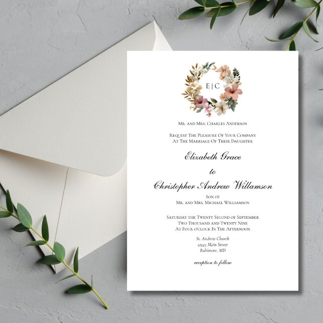 Invitación Monograma floral Boda formal tradicional elegante (Floral Monogram Crest elegant traditional minimalist classic wedding invitation. Printed or Digital)