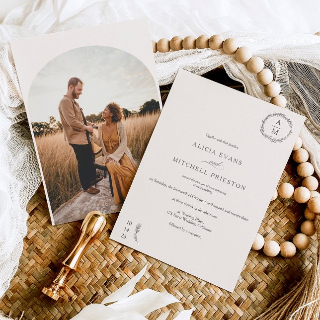 Invitación Monograma floral clásico boda de marfil foto arco (Subido por el creador)