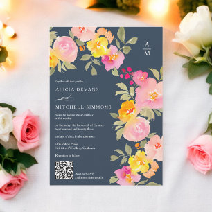 Invitación Monograma floral Código Qr foto boda azul marino