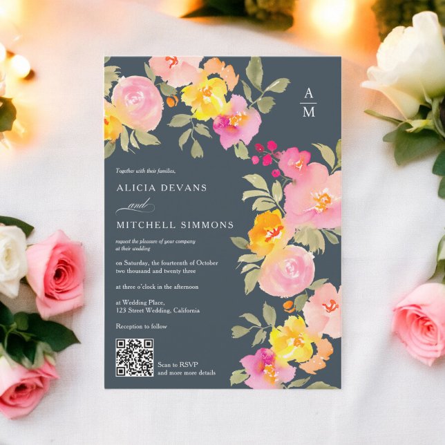 Invitación Monograma floral Código Qr foto boda gris (Floral monogram Qr code photo gray wedding Invitation)