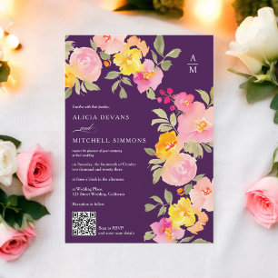 Invitación Monograma floral Código Qr foto boda púrpura