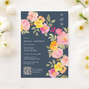 Invitación Monograma floral Código Qr foto ducha de novia azu