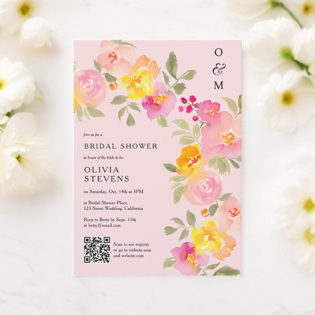 Invitación Monograma floral Código Qr foto ducha de novia ros (Floral monogram Qr code photo pink bridal shower Invitation)