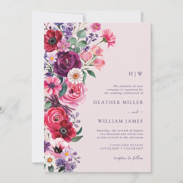 Invitación Monograma Floral Colorido de Boda (Anverso)