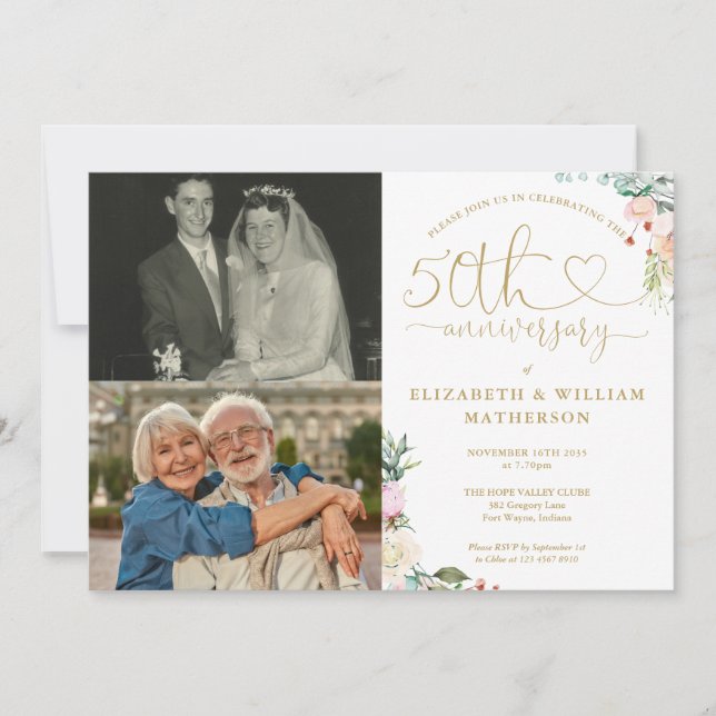 Invitación Monograma floral de 50 años Boda 2 fotos (Anverso)