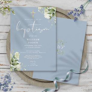 Invitación Monograma Floral de Azul Polvoriento Bautizo Verde