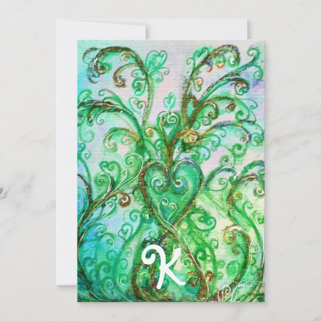 INVITACIÓN MONOGRAMA FLORAL DE CORAZÓN VERDE BLANCA (Anverso)