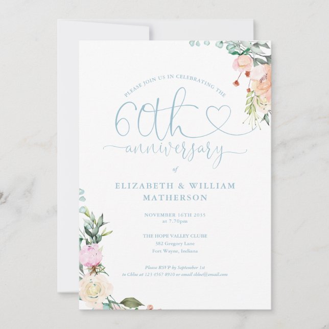 Invitación Monograma floral de guión cordial de 60 años (Anverso)