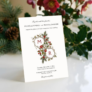 Invitación Monograma Floral de Navidad Invernal Vintage Elega