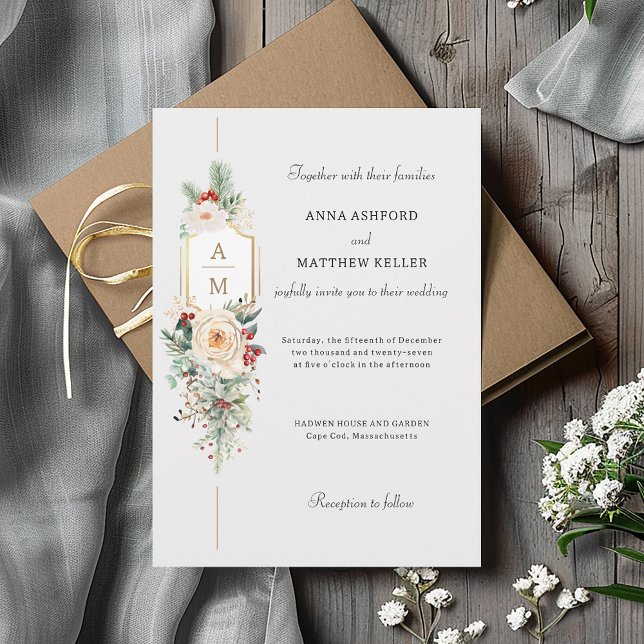 Invitación Monograma floral de Navidades simplemente elegante (Subido por el creador)