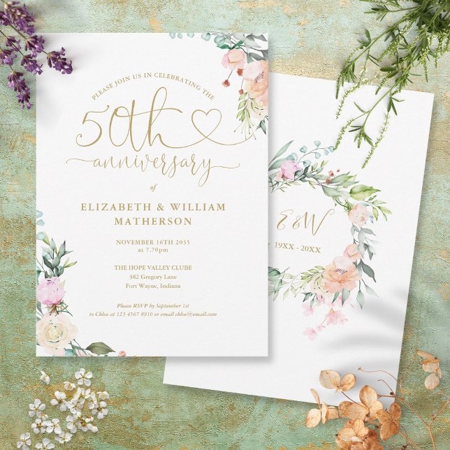 Invitación Monograma floral de oro de 50 años (Subido por el creador)