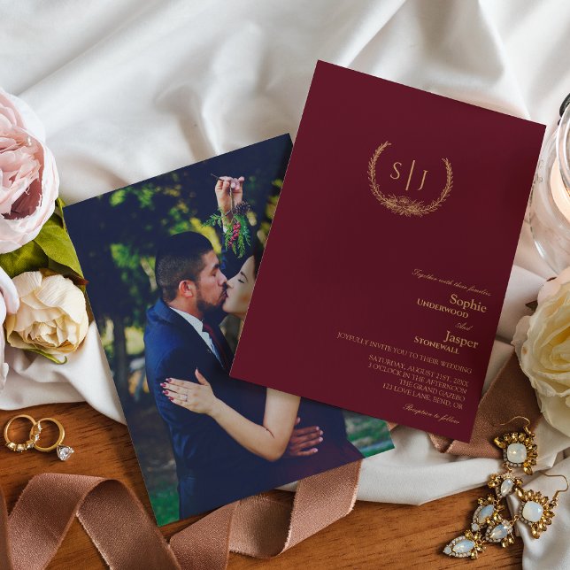 Invitación Monograma floral de oro de Borgoña Boda fotográfic (Subido por el creador)
