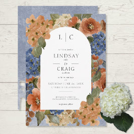 Invitación Monograma floral de óxido de Naranja azul y rojo r
