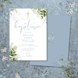 Invitación Monograma floral de verde azul polvoriento para ba
