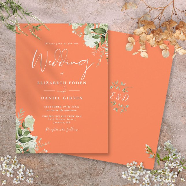 Invitación Monograma Floral de Verde Coral para Bodas (Greenery Floral Monogram Coral Wedding Invitation)