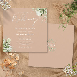 Invitación Monograma floral de verde tan cuadrado boda