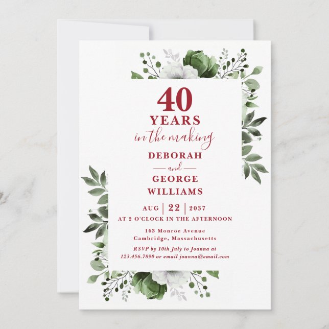 Invitación Monograma Floral del 40 Aniversario de Boda Chic (Anverso)