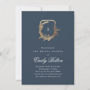 Invitación monograma floral dorado marino escudo ducha de nov