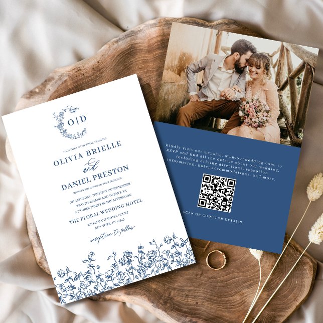 Invitación Monograma floral Foto Código QR Boda azul de la Ma (Subido por el creador)