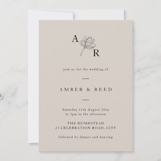 Invitación Monograma floral minimalista Elegante Simple Neutr (Anverso)