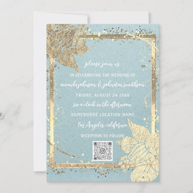 Invitación Monograma Floral Photo Gold Frame QRCode Blue Kraf (Anverso)