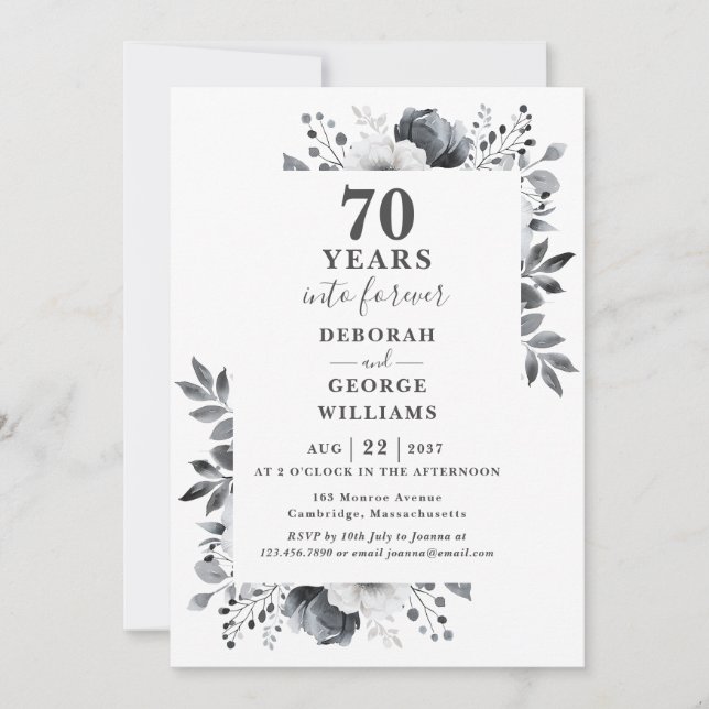 Invitación Monograma floral Platinum 70 Aniversario Boda (Anverso)