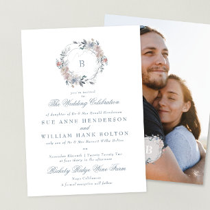 Invitación Monograma floral romántico Boda de Wreath Photo