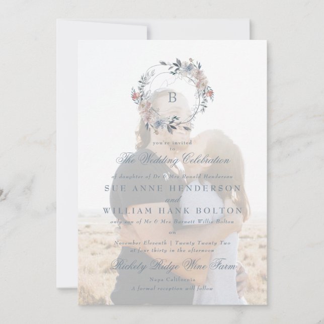 Invitación Monograma floral romántico Boda de Wreath Photo (Anverso)