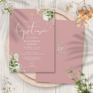 Invitación Monograma Floral Rosa Polvoriento Verde Bautizo