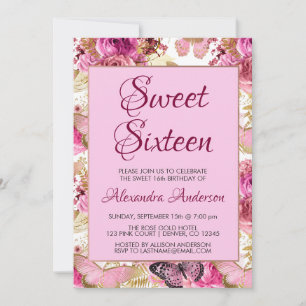 Invitación Monograma floral rosado del dulce dieciséis de los