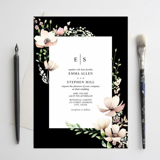 Invitación Monograma Floral Rubor Boda Botánico Negro (Subido por el creador)