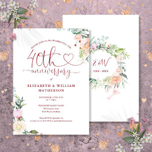 Invitación Monograma floral Ruby Heart del 40 aniversario