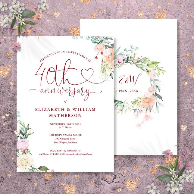 Invitación Monograma floral Ruby Heart del 40 aniversario (40th Anniversary Ruby Heart Floral Monogram Invitation)
