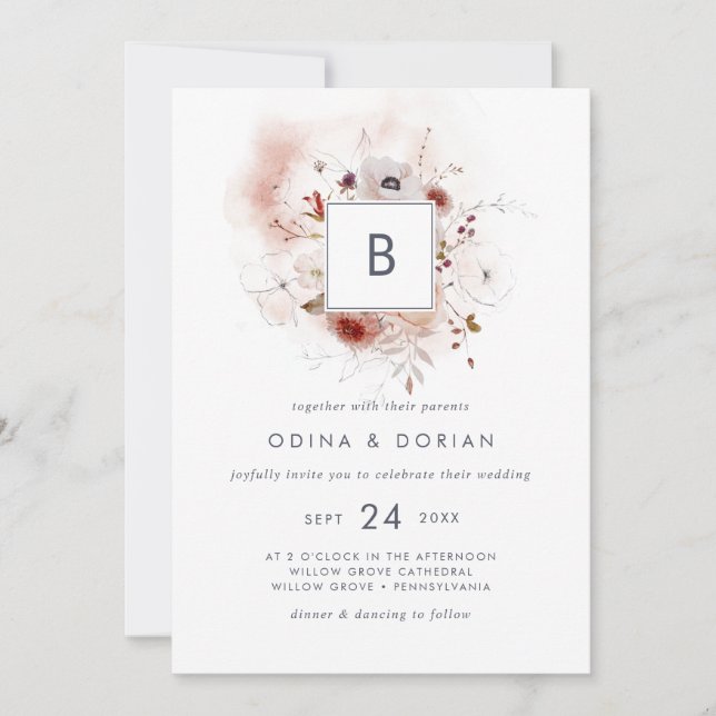 Invitación Monograma floral simple Boda (Anverso)