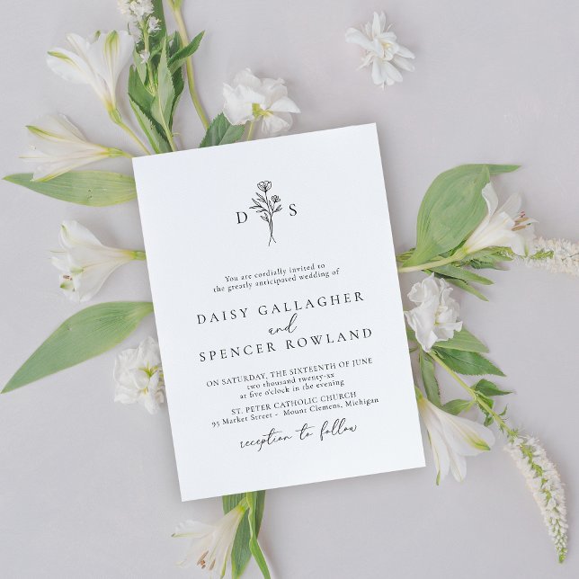 Invitación Monograma floral simple en blanco y negro Boda (Subido por el creador)