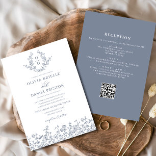 Invitación Monograma floral todo en un Boda azul turbio