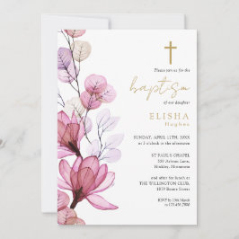 Invitación Monograma Floral Transparente Rosa Polvo Bautizo