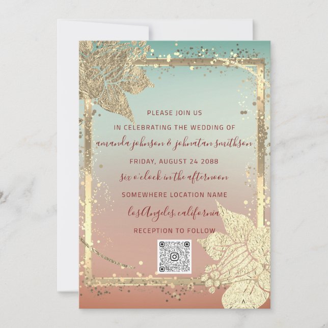 Invitación Monograma Florencia Faux Gold Frame QR Código Ombr (Anverso)